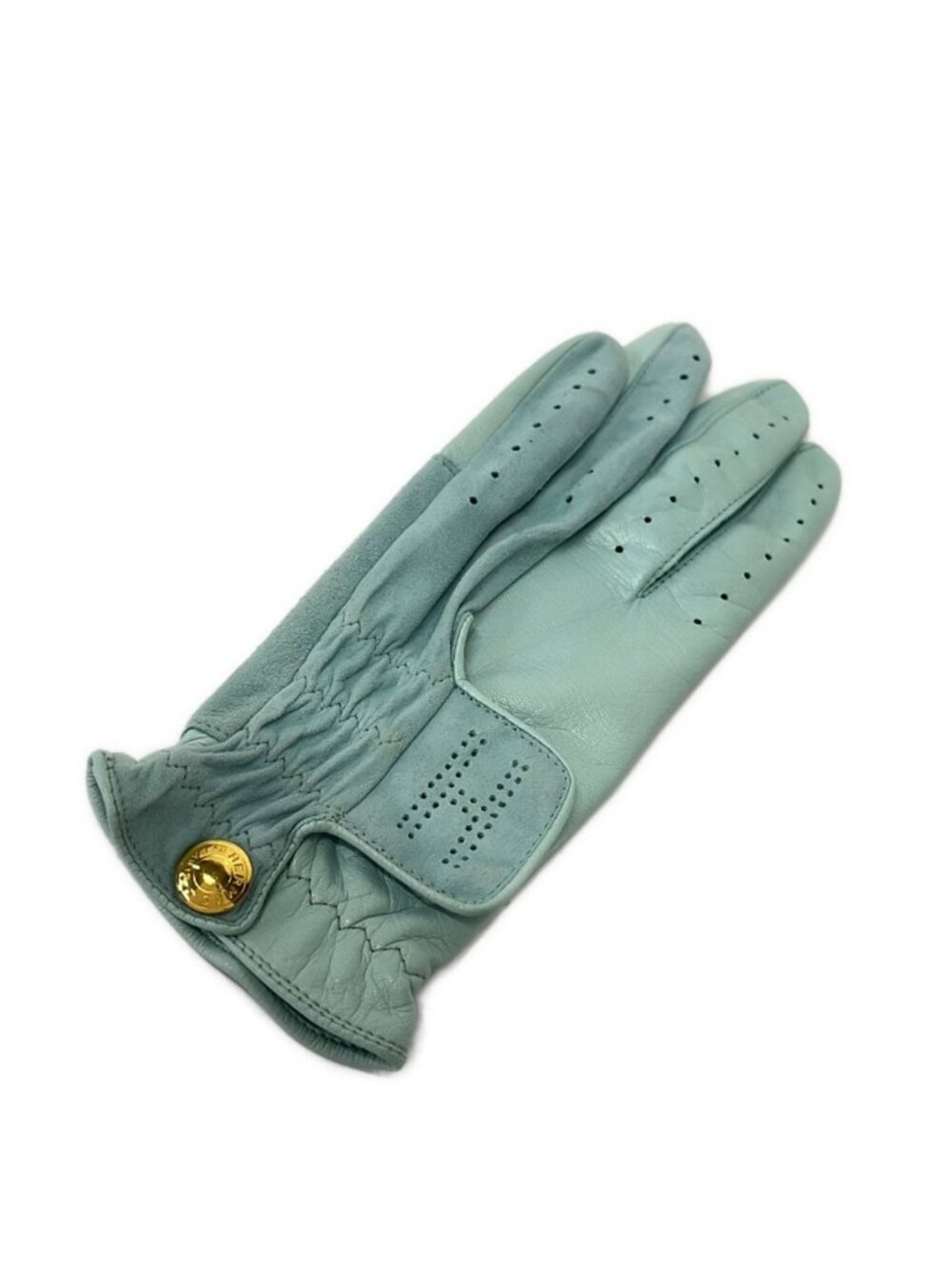 Hermes Gloves 7.5 Sellier Light Blue Golf Glove Left Hand Gold Leather